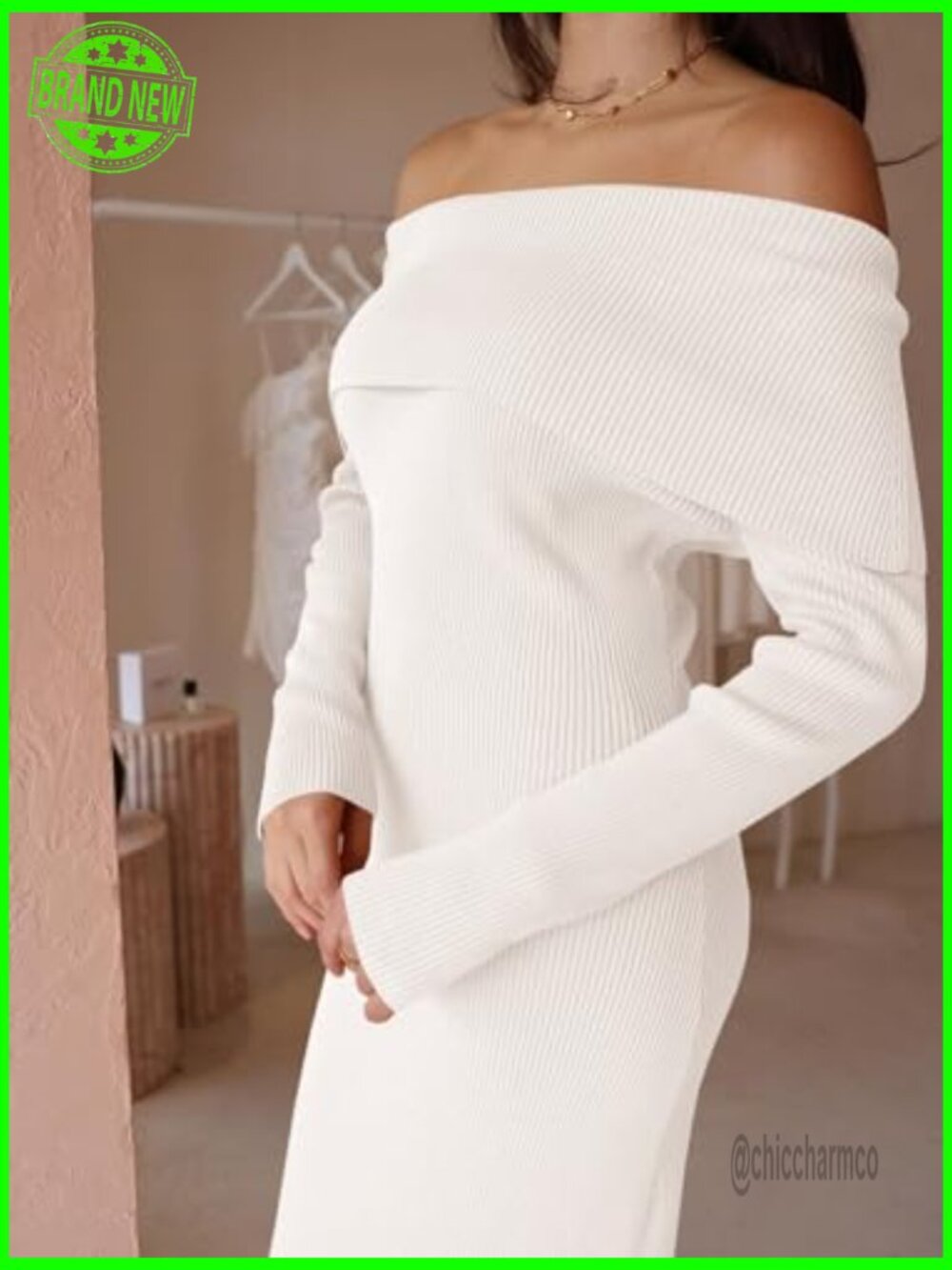 Off Shoulder Bodycon Sweater Dress Long Sleeve Midi Maxi Cocktail Party - Picture 6 of 7